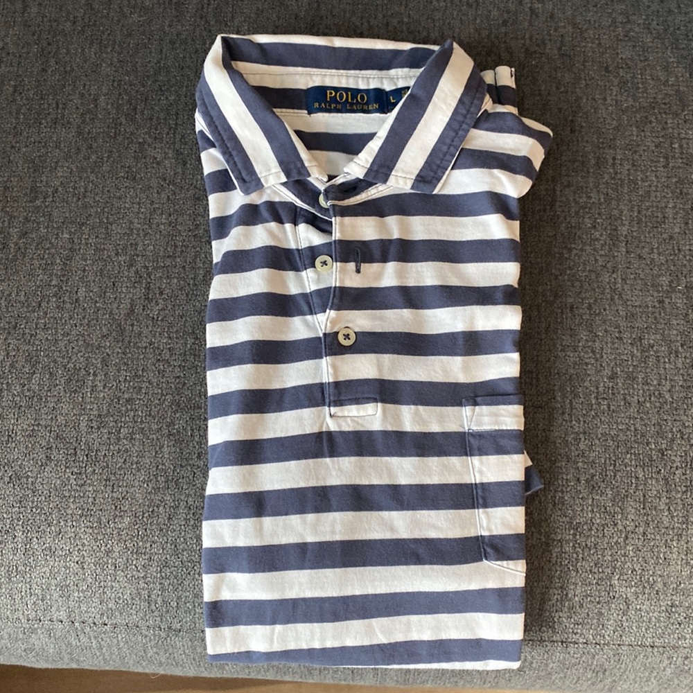 Blue white striped polo. Ralph lauren size large
